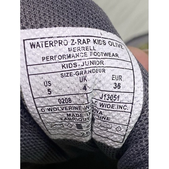 Merrell Waterpro Z-Rap Junior-kids Hiking‎ Shoes Olive Green/Gray Size 5US - Picture 11 of 11